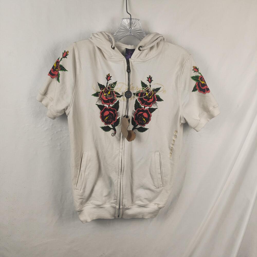 Ed Hardy Hoodie Womens XL White Full Zip Skull Heart Rose Tattoo Short Sleeve